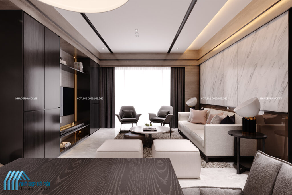 Mẫu thiết kế phòng khách đẹp hiện đại và thanh lịch dành cho chung cư Kim Văn Kim Lũ.