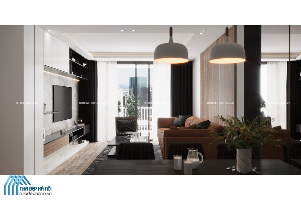 Thiết kế nội thất không gian phòng khách hiện đại đơn giản cho chung cư Vinhomes Ocean Park.