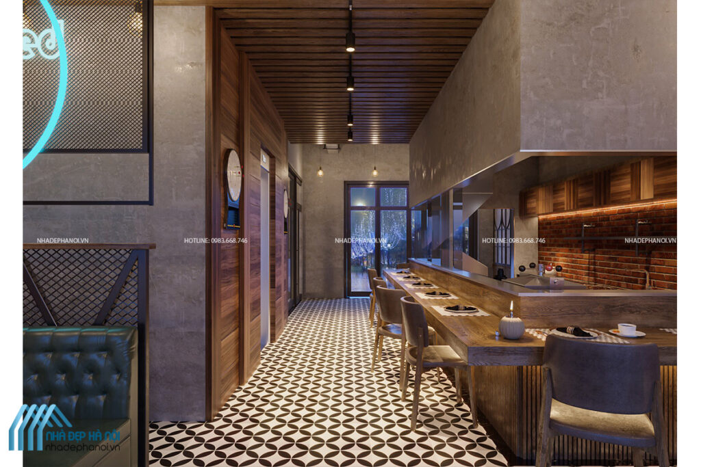 Thiết kế nội thất nhà hàng phong cách Industrial mộc mạc và ấm cúng.