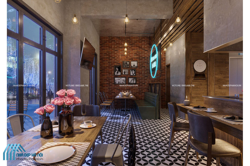 Thiết kế nội thất nhà hàng phong cách Industrial mộc mạc và ấm cúng.